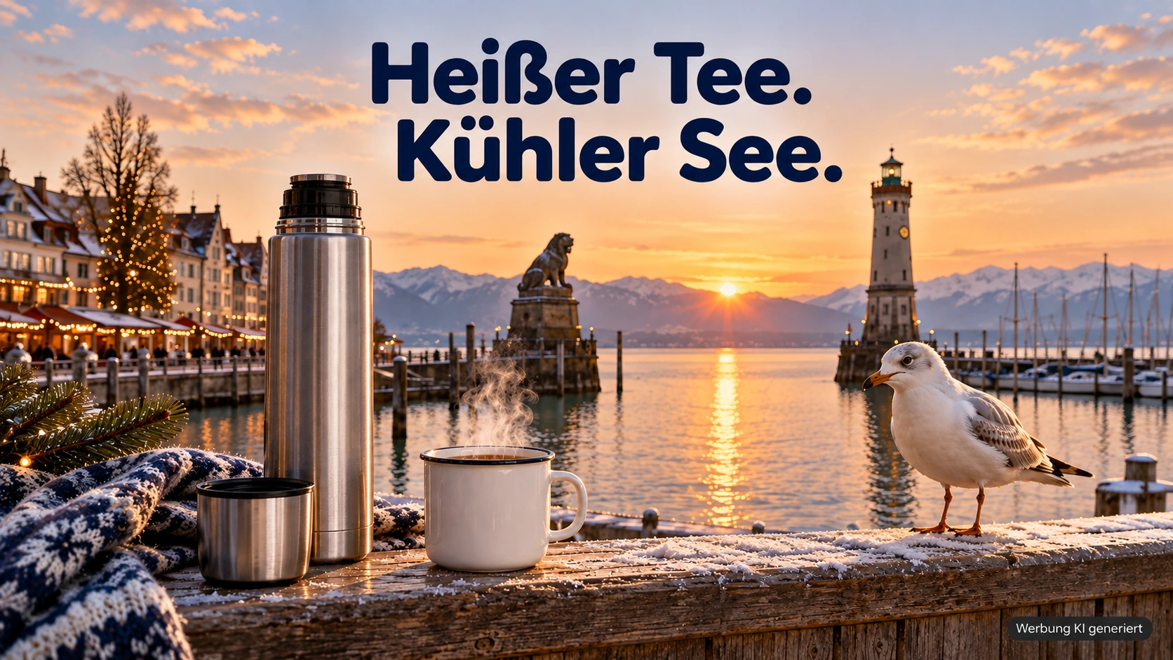 KI-Symbolbild: Isolierflasche und Becher vor dem winterlichen Lindauer Hafen.