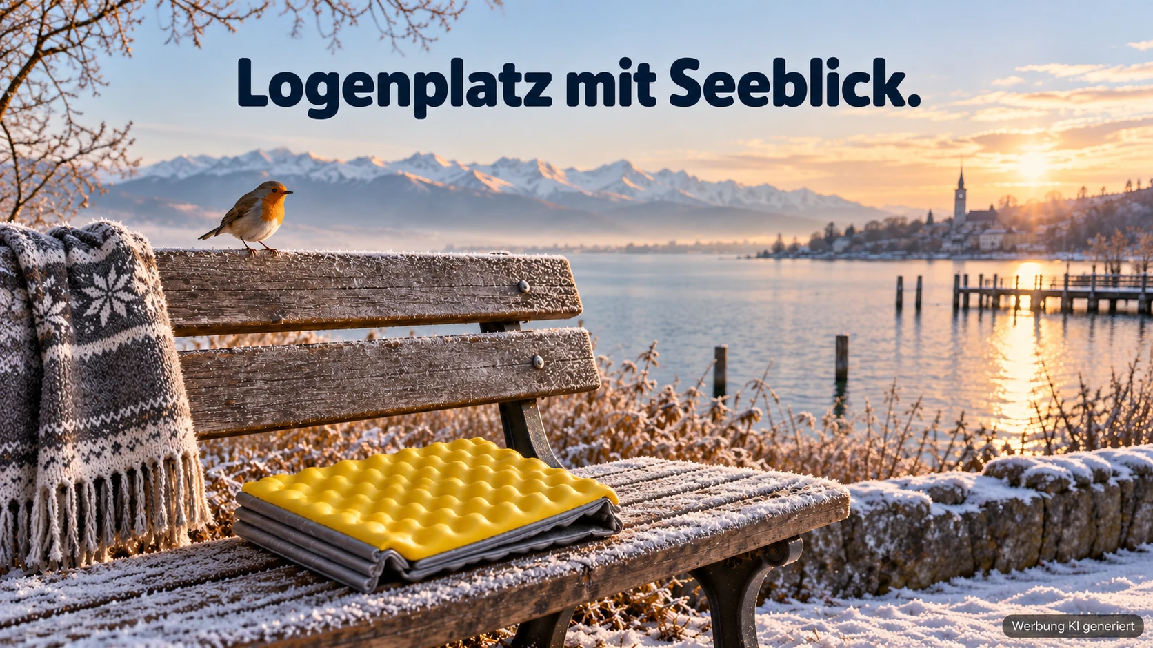 KI-Symbolbild: Gelbes Falt-Sitzkissen auf einer Bank am winterlichen Bodensee.