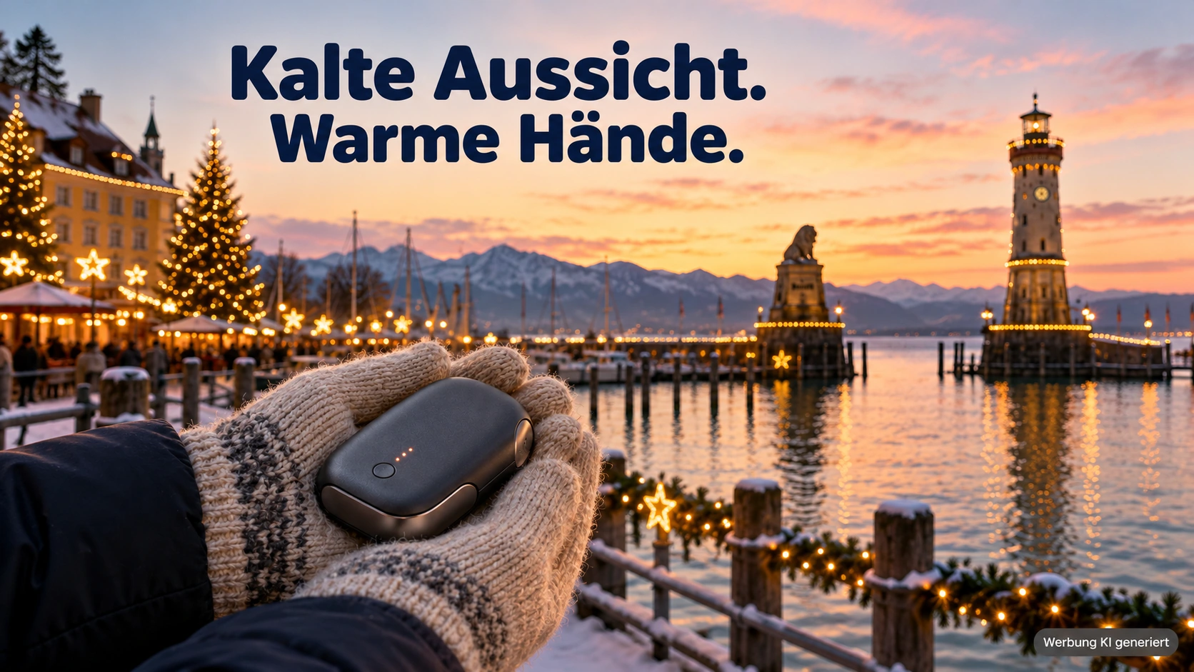 KI-Symbolbild: Handwärmer in behandschuhten Händen vor dem Lindauer Hafen.