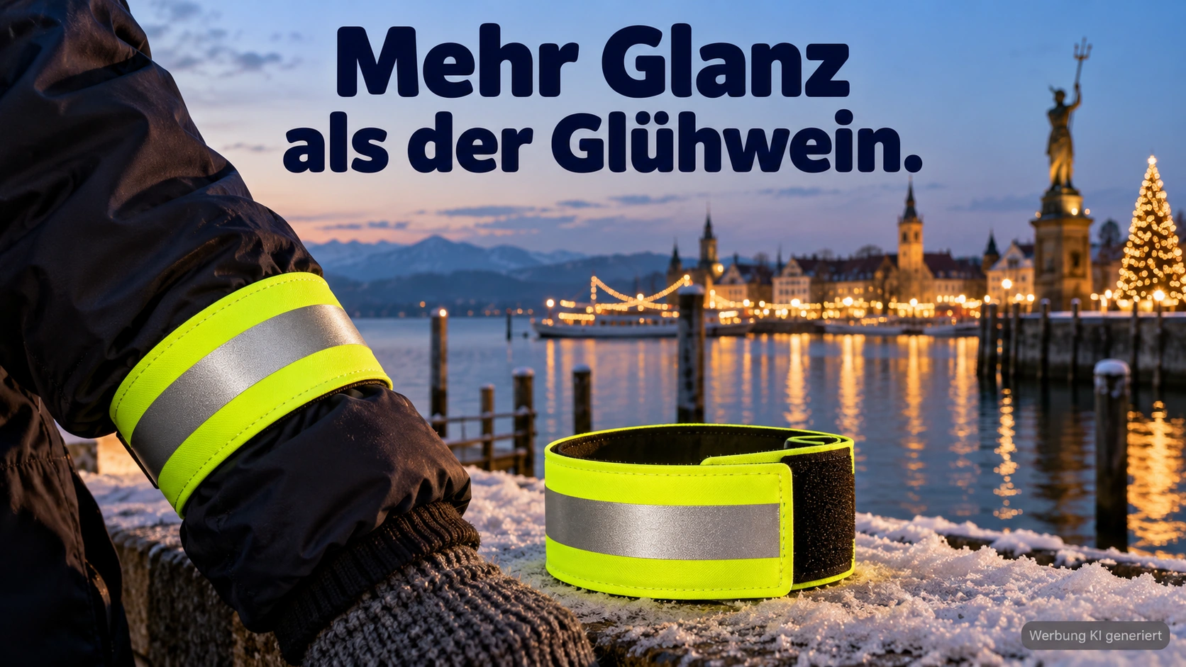 KI-Symbolbild: Zwei gelbe Reflektorbänder in einer winterlichen Bodensee-Szene.