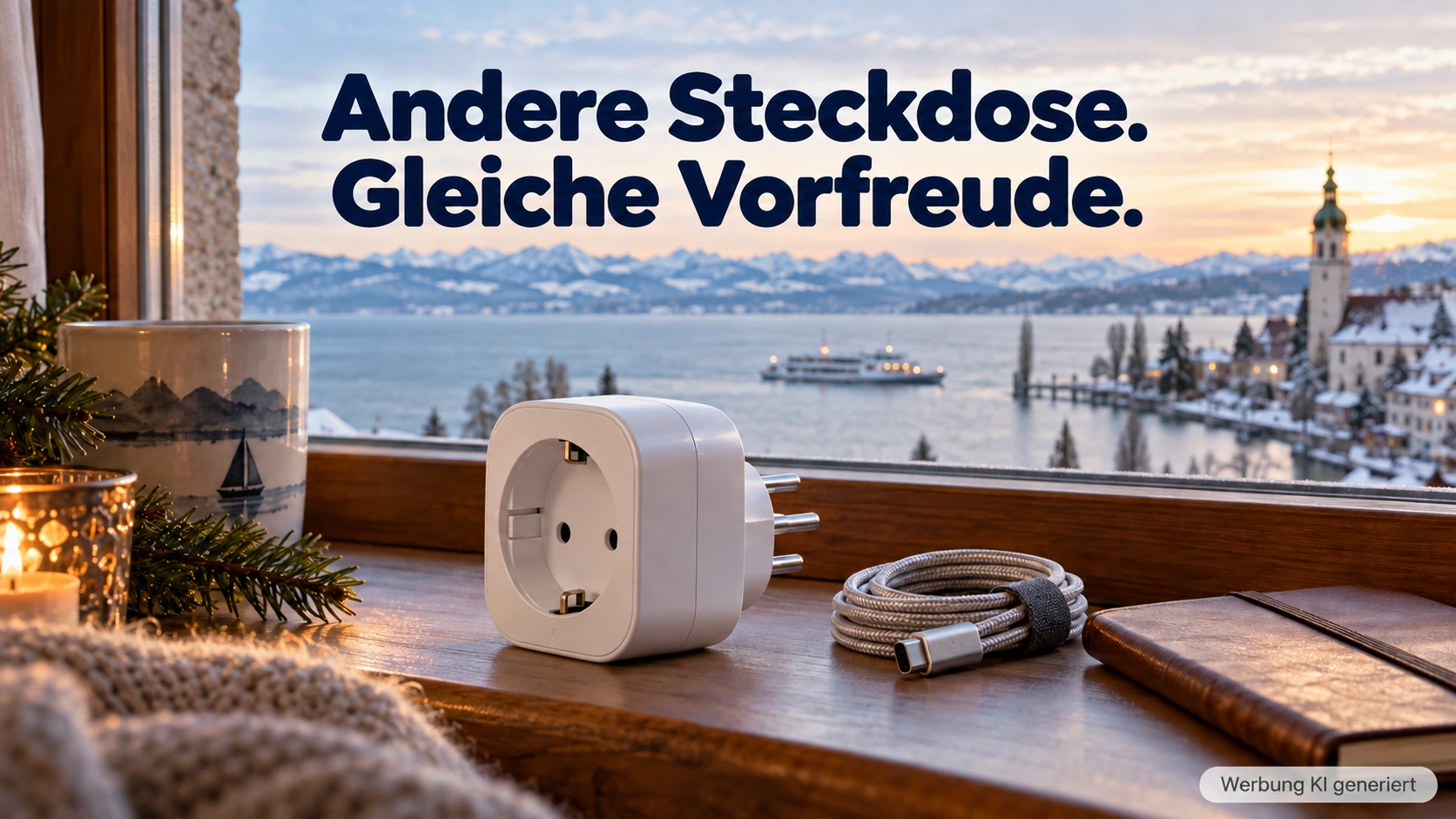 KI-Symbolbild: Reiseadapter und Kabel am Hotelfenster mit Bodenseeblick.