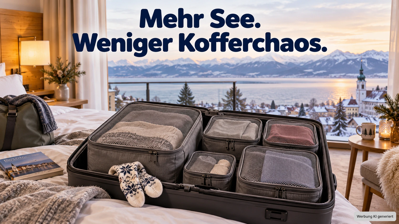 KI-Symbolbild: Packtaschen in einem geöffneten Koffer vor einem Fenster zum Bodensee.