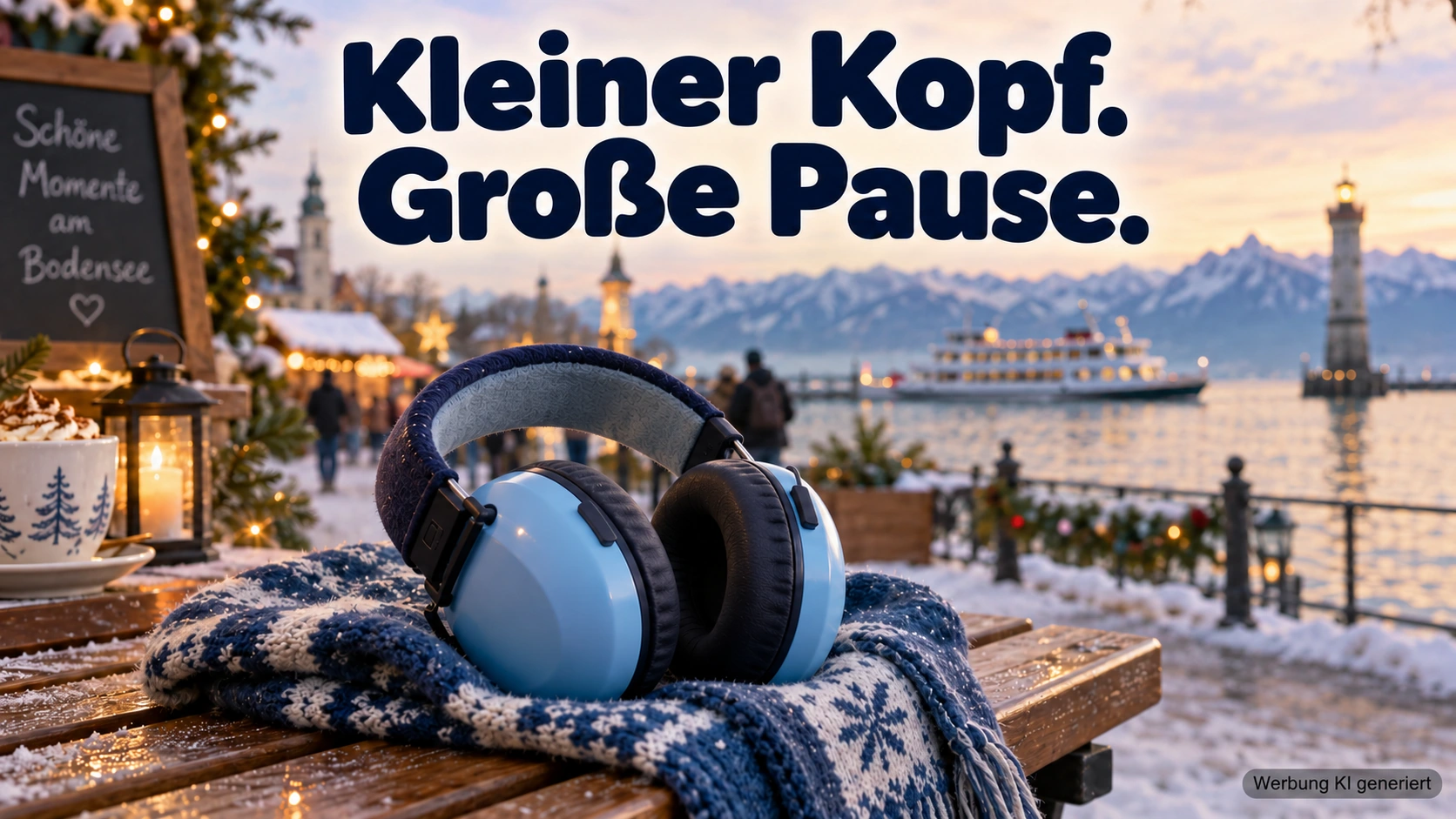 KI-Symbolbild: Blauer Kinder-Kapselgehörschutz auf einem Schal am winterlichen Bodensee.