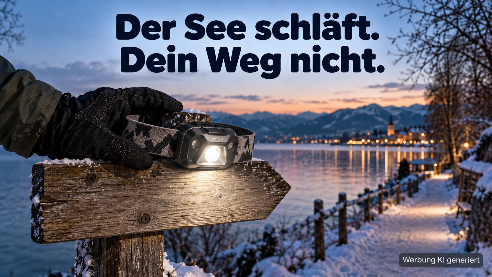 KI-Symbolbild: Leuchtende Stirnlampe an einem Wegweiser vor dem Bodensee in der Dämmerung.