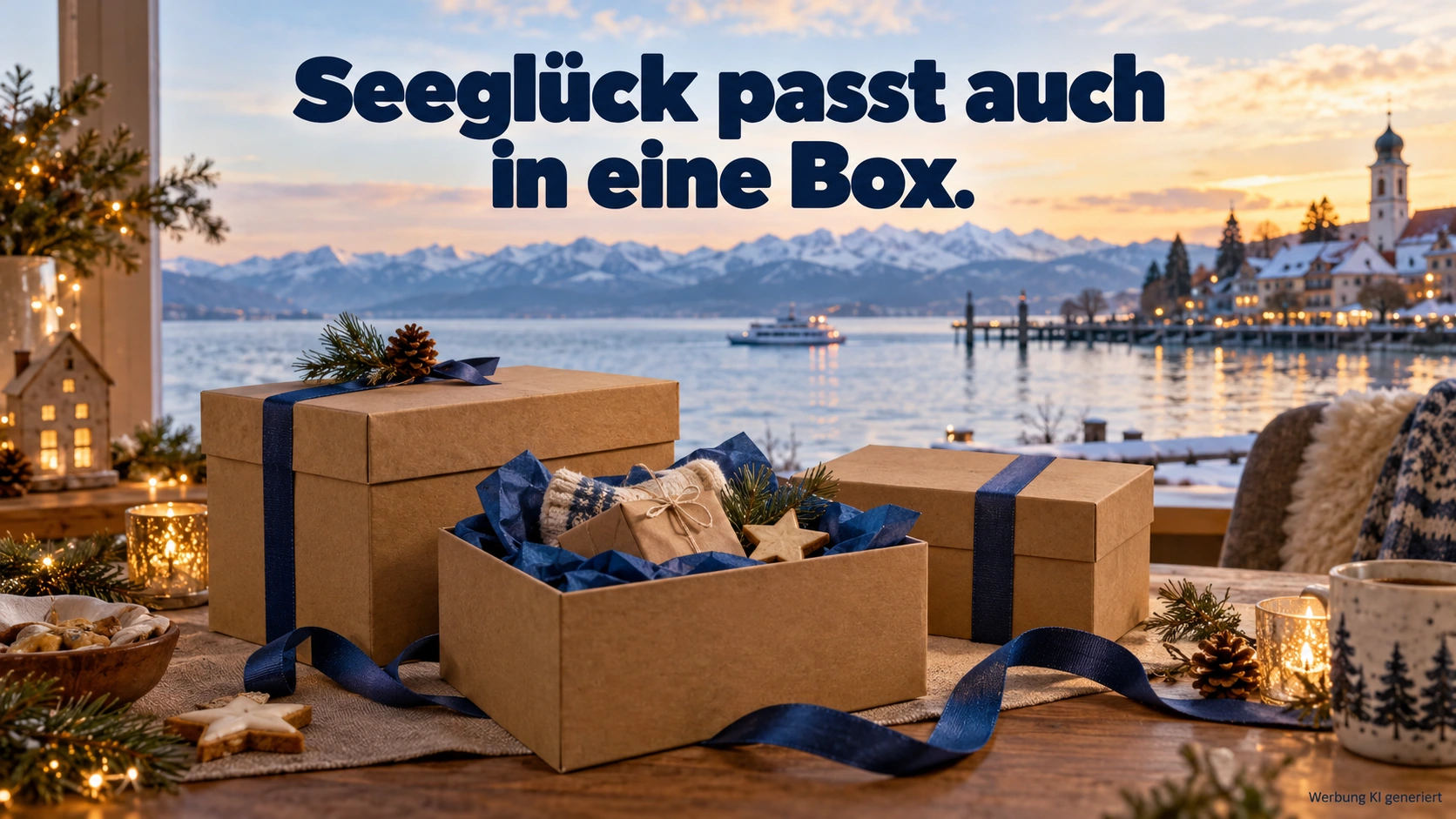 KI-Symbolbild: Dekorierte Pappmaché-Geschenkboxen mit Bodensee-Hintergrund.