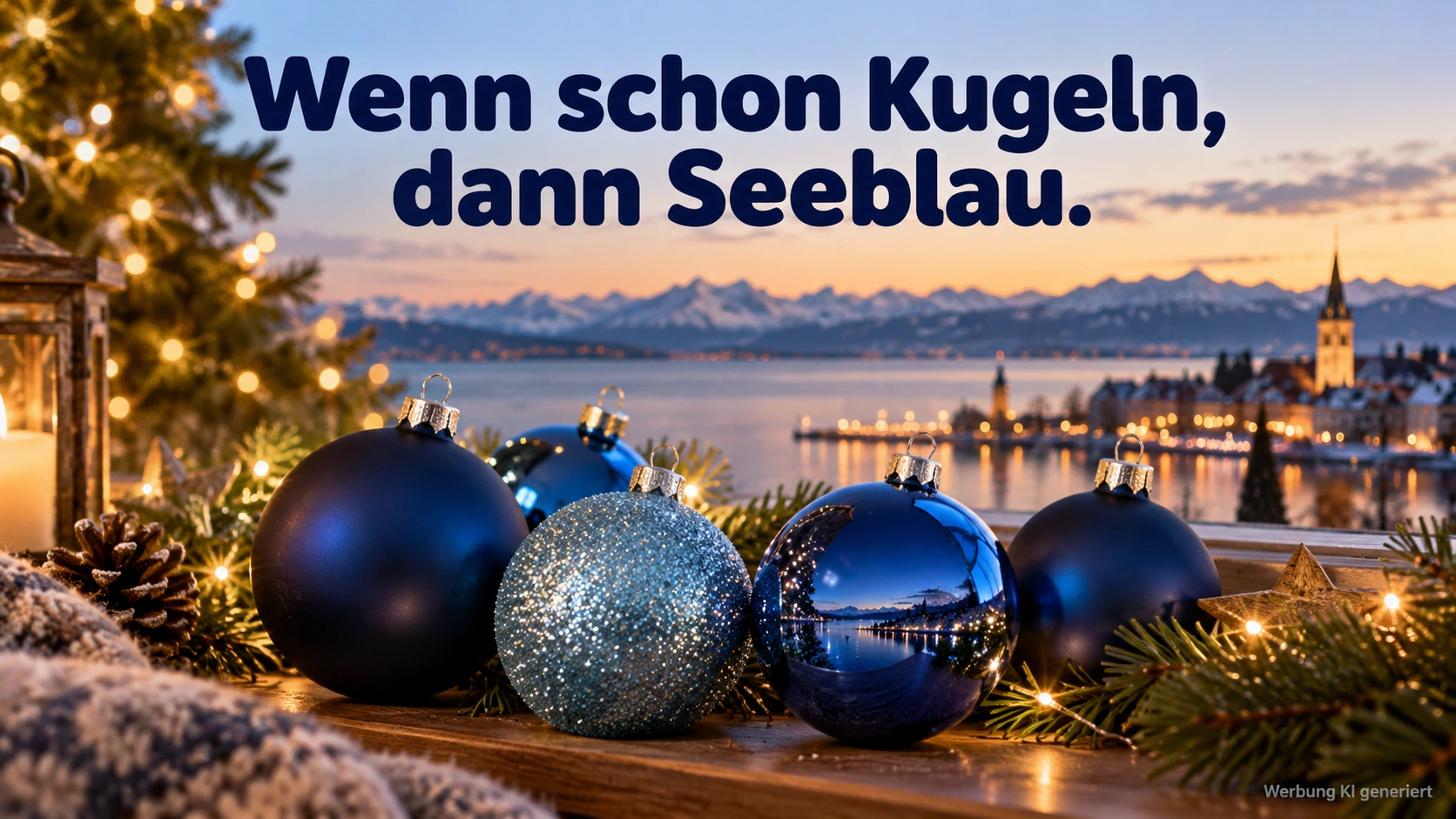 KI-Symbolbild: Blaue Weihnachtskugeln vor einer winterlichen Bodensee-Szene.