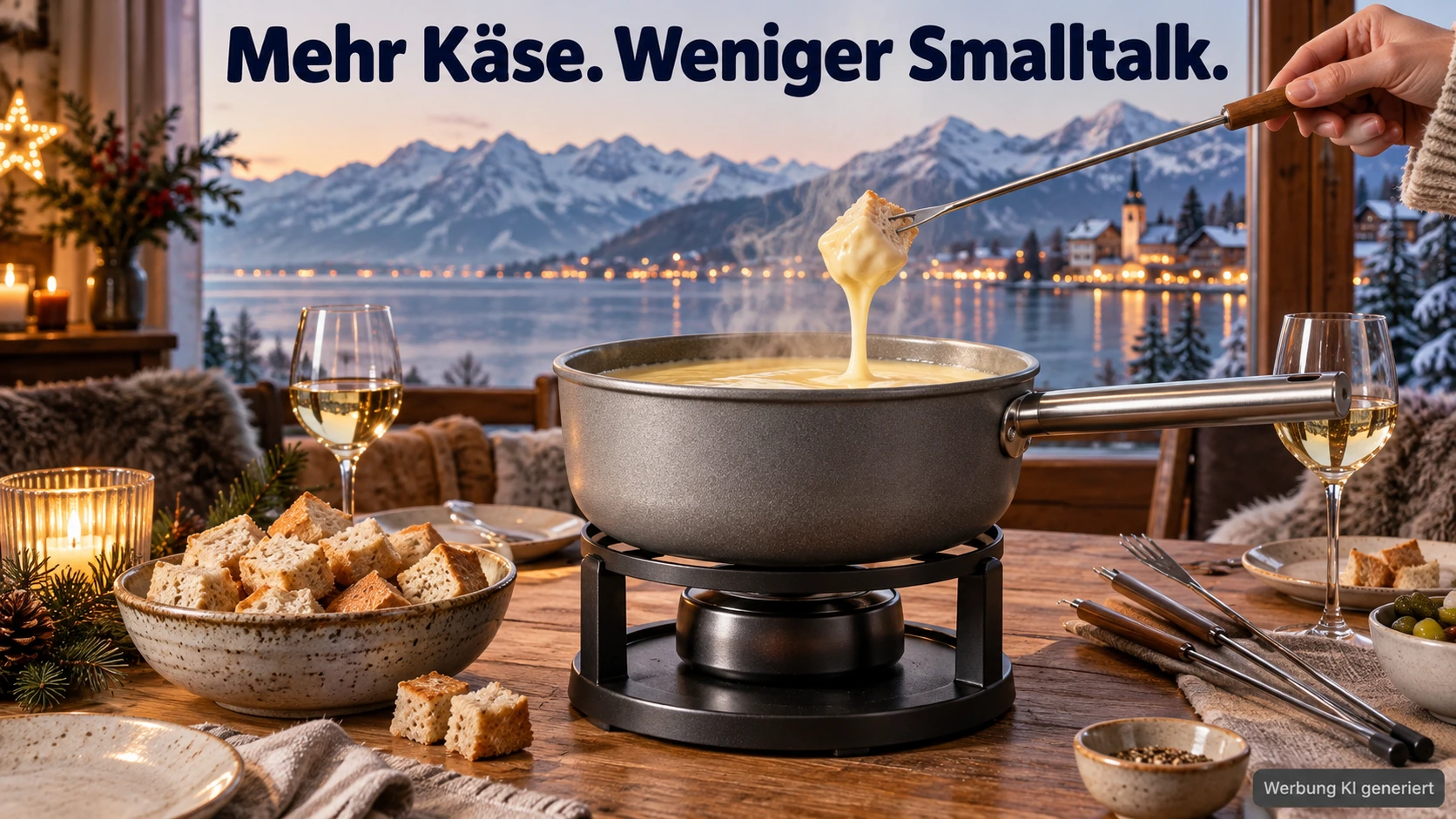 KI-Symbolbild: Käsefondue und Brot bei einem gemütlichen Essen mit Bodenseeblick.