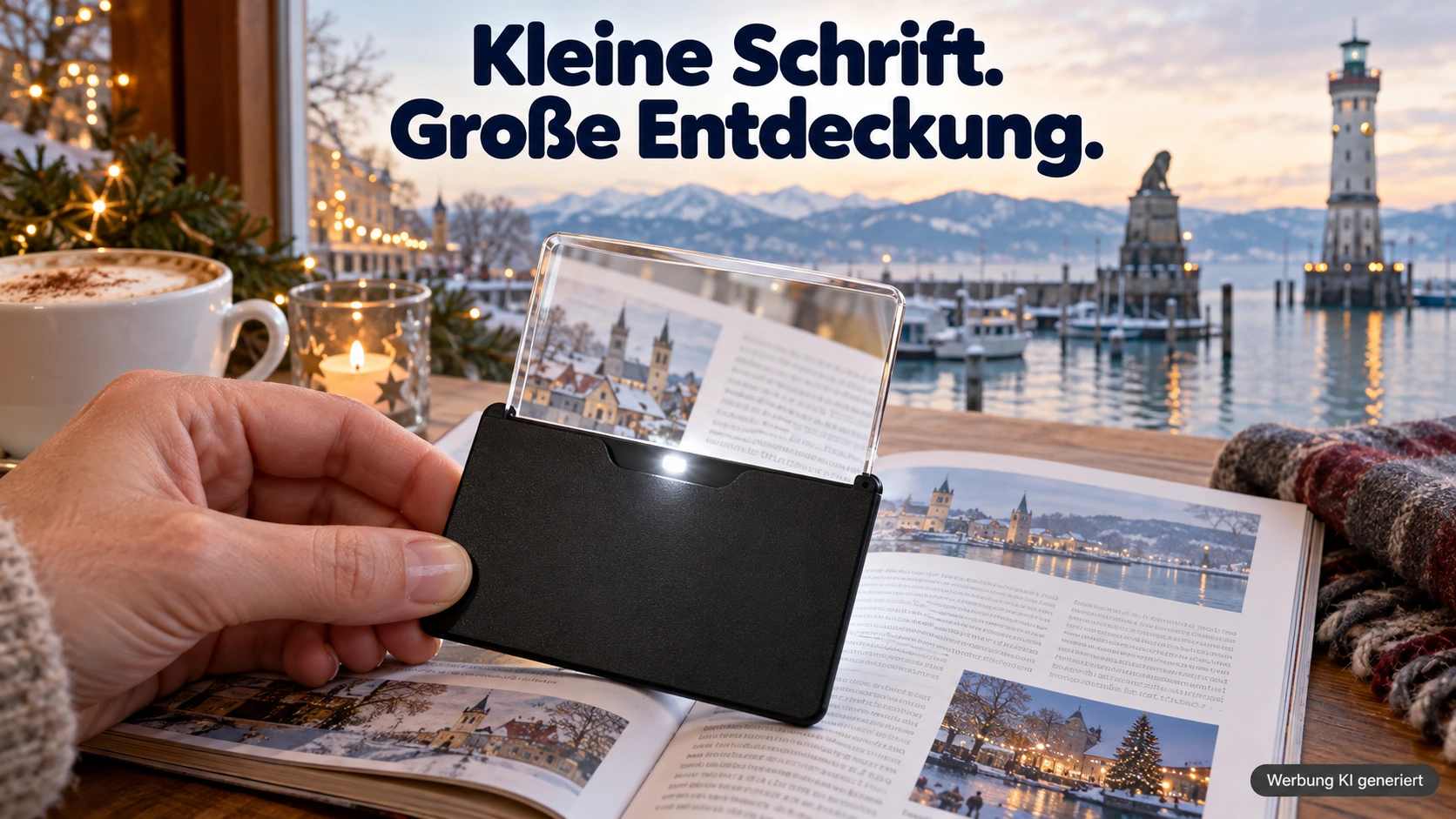 KI-Symbolbild: Schwarze Taschenlupe in einem Café mit Blick zum Bodensee.