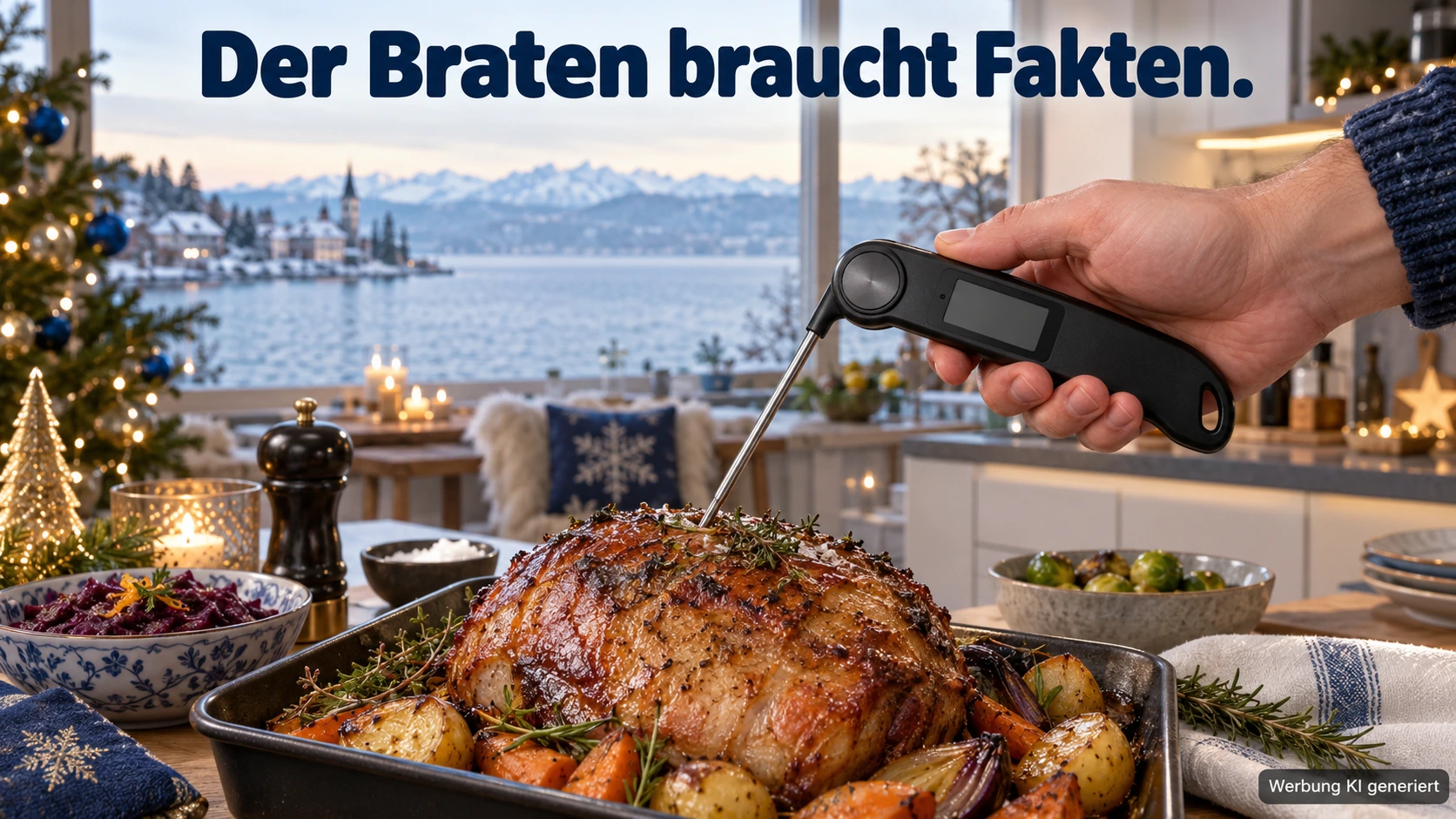 KI-Symbolbild: Klappbares Küchenthermometer an einem Braten vor dem Bodensee-Fenster.