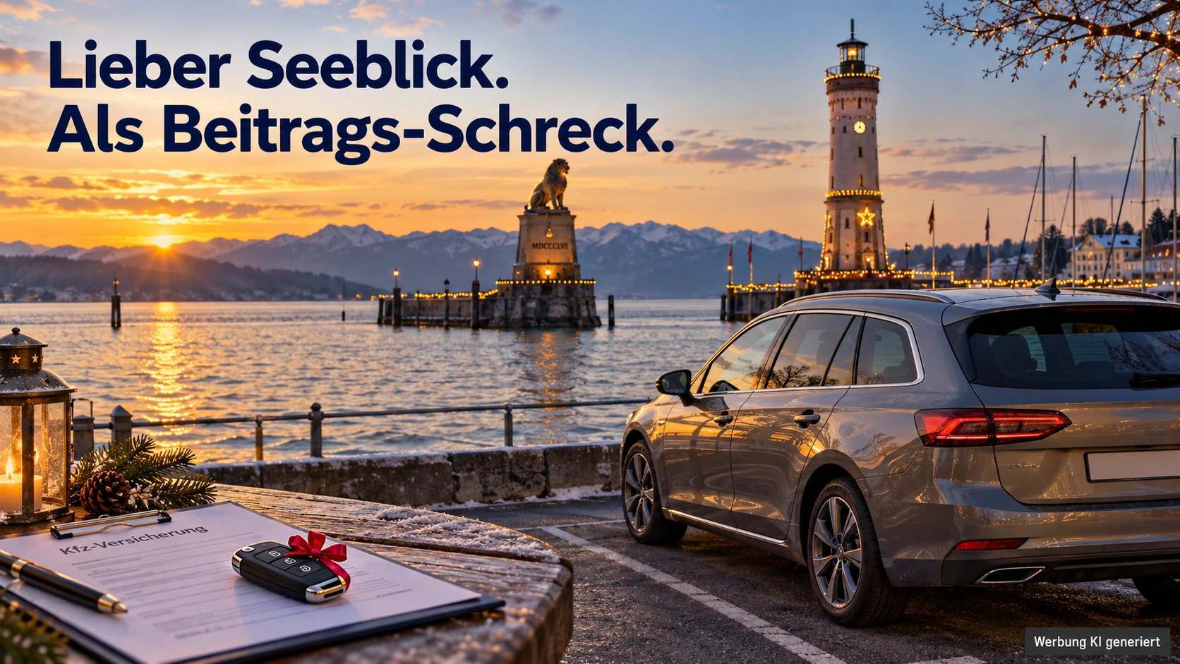 KI-Symbolbild: Auto, Fahrzeugschlüssel und Versicherungsunterlagen vor dem winterlichen Lindauer Hafen.