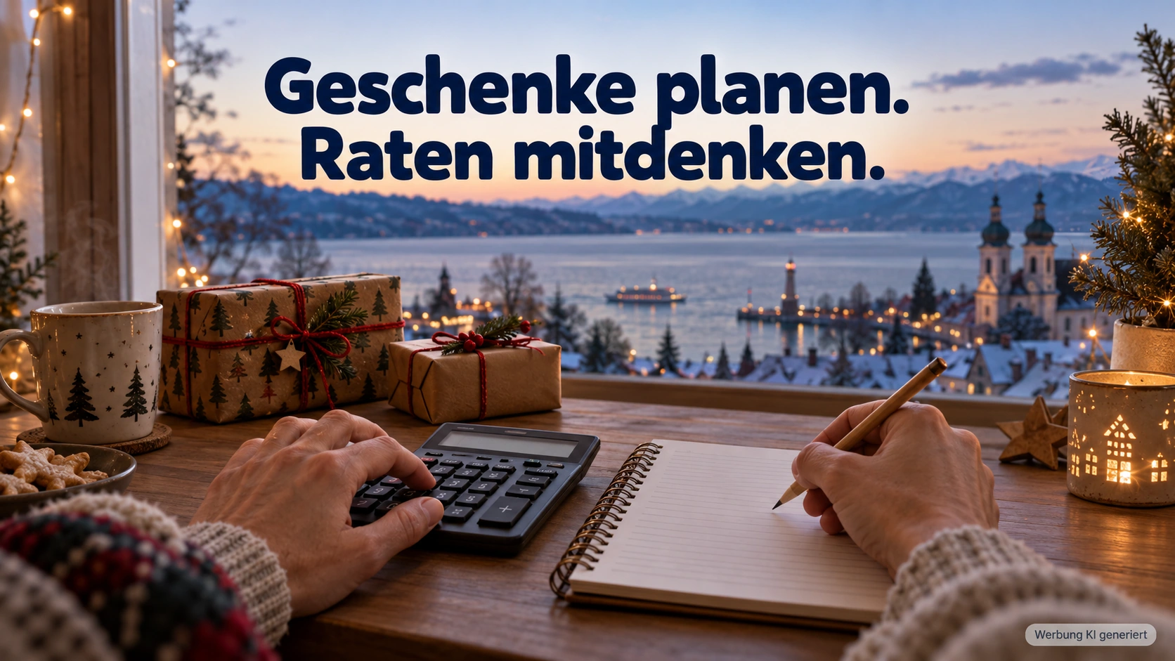 KI-Symbolbild: Taschenrechner und Haushaltsnotizen zur Geschenkplanung mit Bodenseeblick.